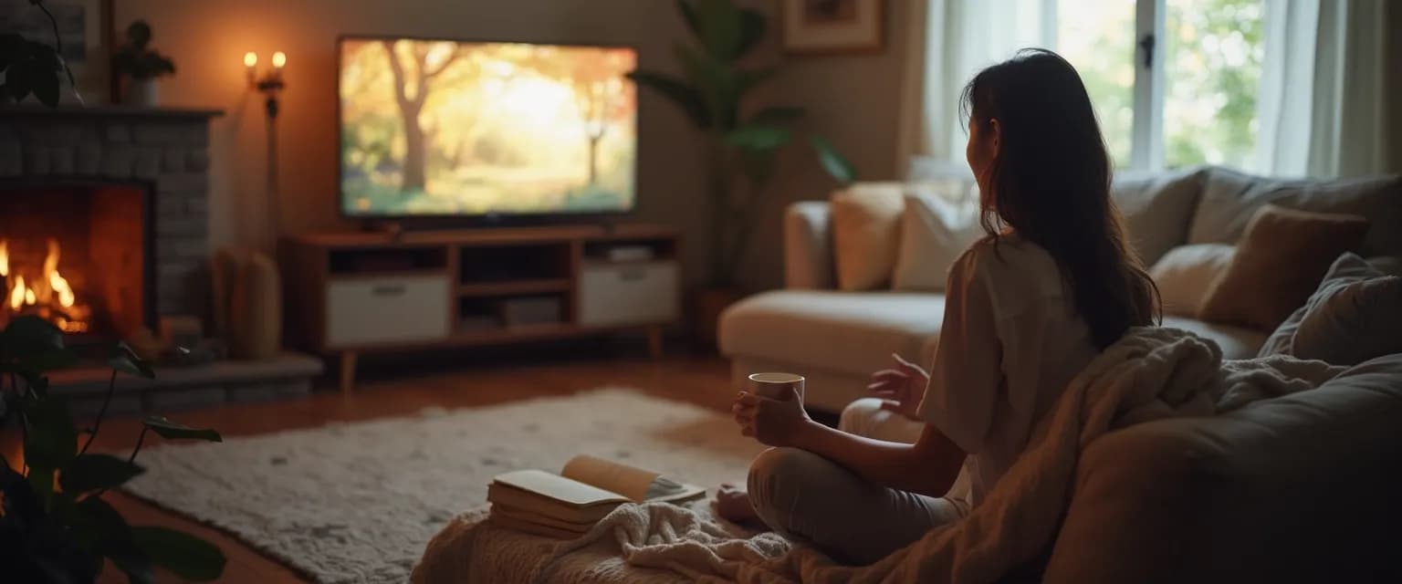 Person practicing mindfulness Netflix techniques while streaming shows