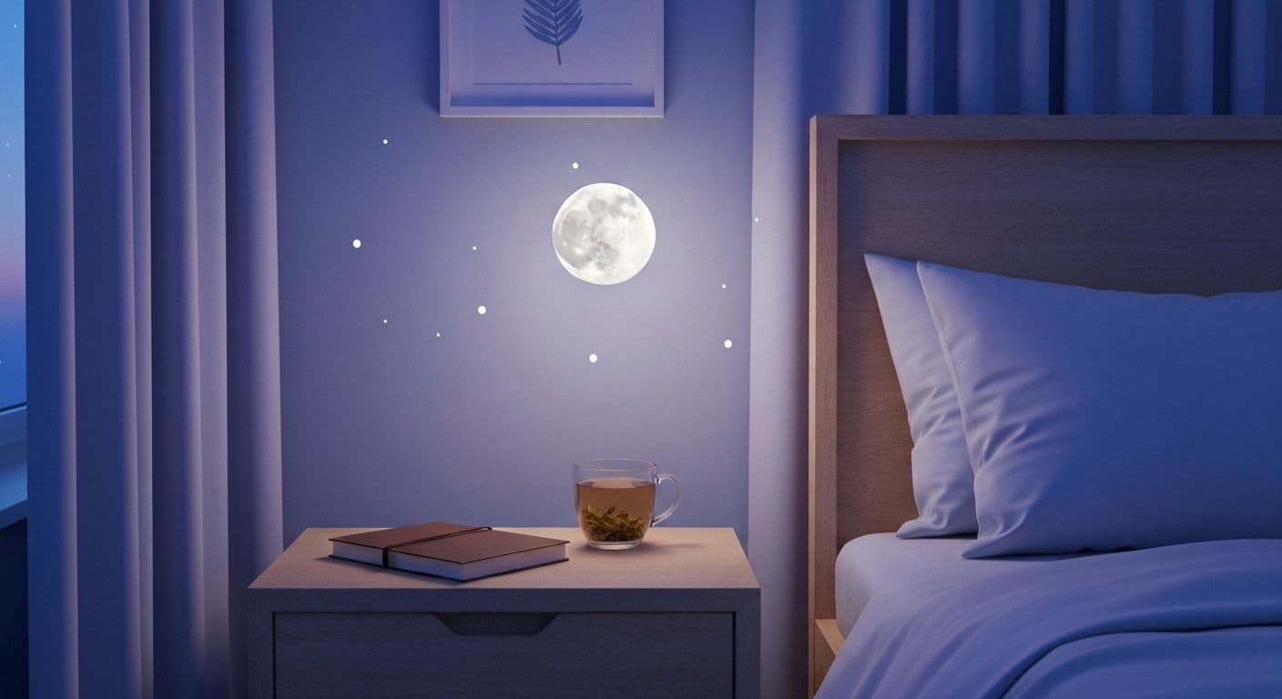 Person lying peacefully in bed with calm expression, representing a quiet busy mind at night