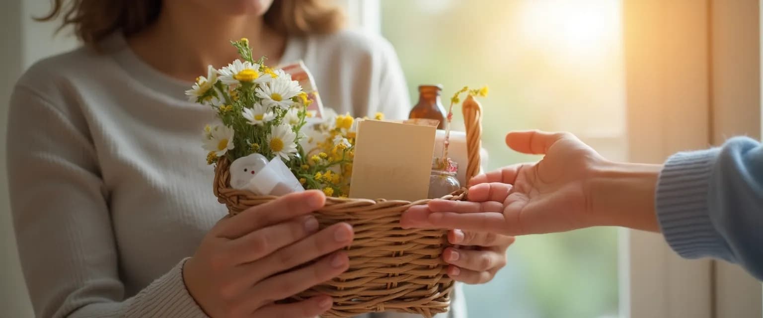 Person compassionately giving a gift for someone grieving with thoughtful words