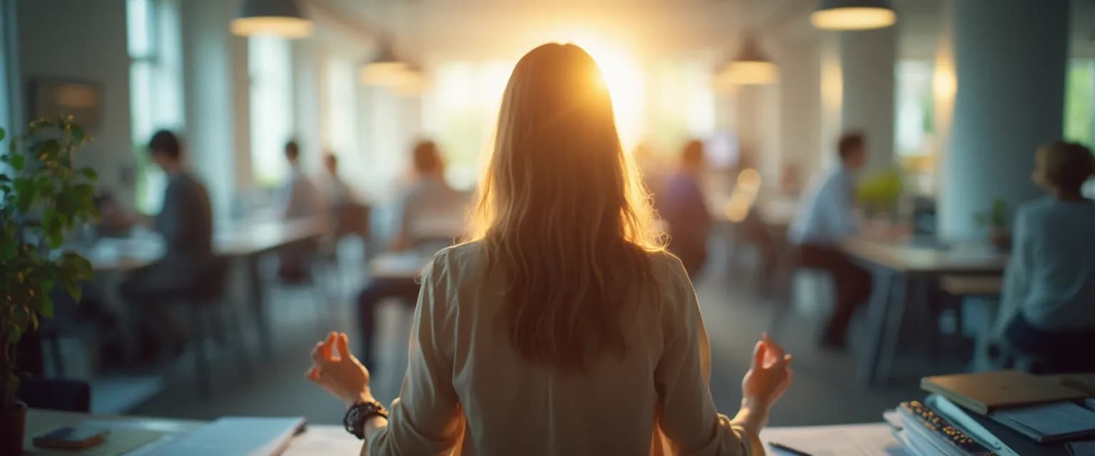 Professional practicing mindful learning techniques at a busy workplace desk