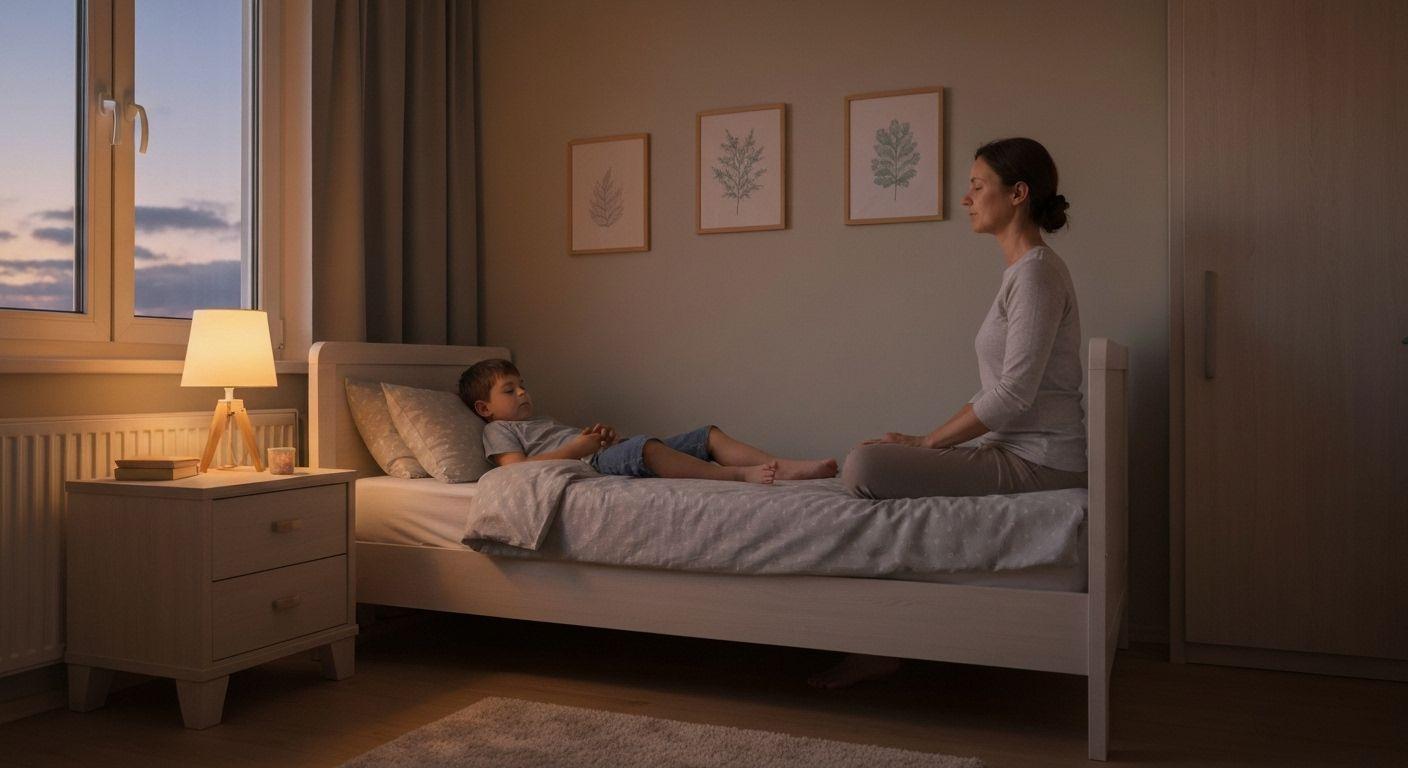 Parent practicing mindfulness during bedtime routine with child reading story together peacefully