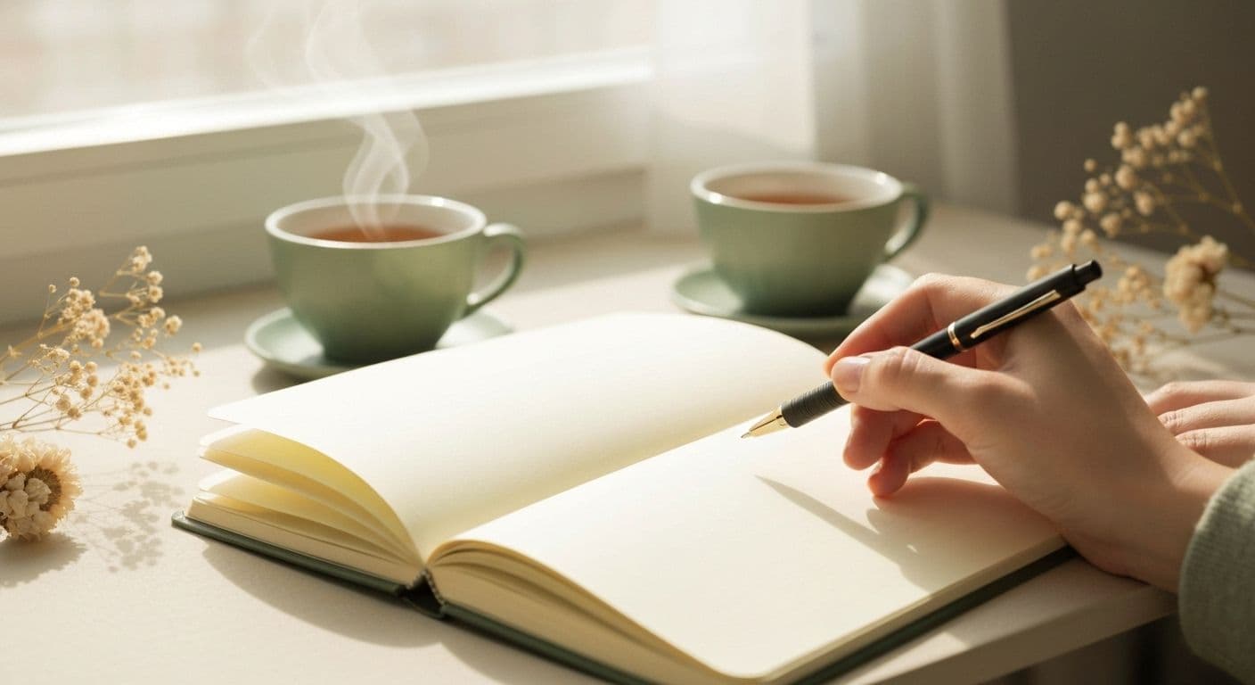 Person selecting the best grief journal with various journal options on table