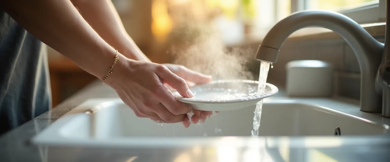 Person practicing mindfulness while washing dishes, demonstrating effective ways to practice mindfulness during chores
