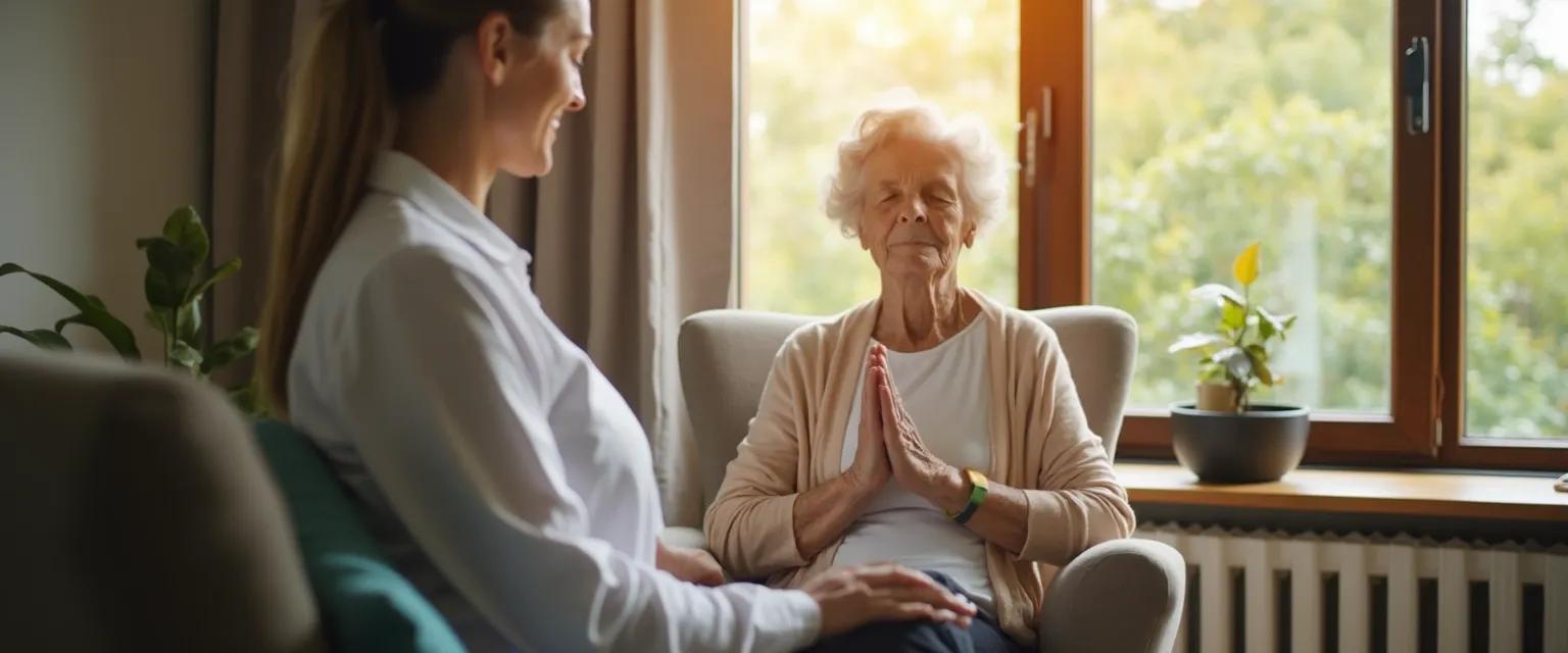 Caregiver guiding elderly patient through adapted Palouse Mindfulness meditation exercise