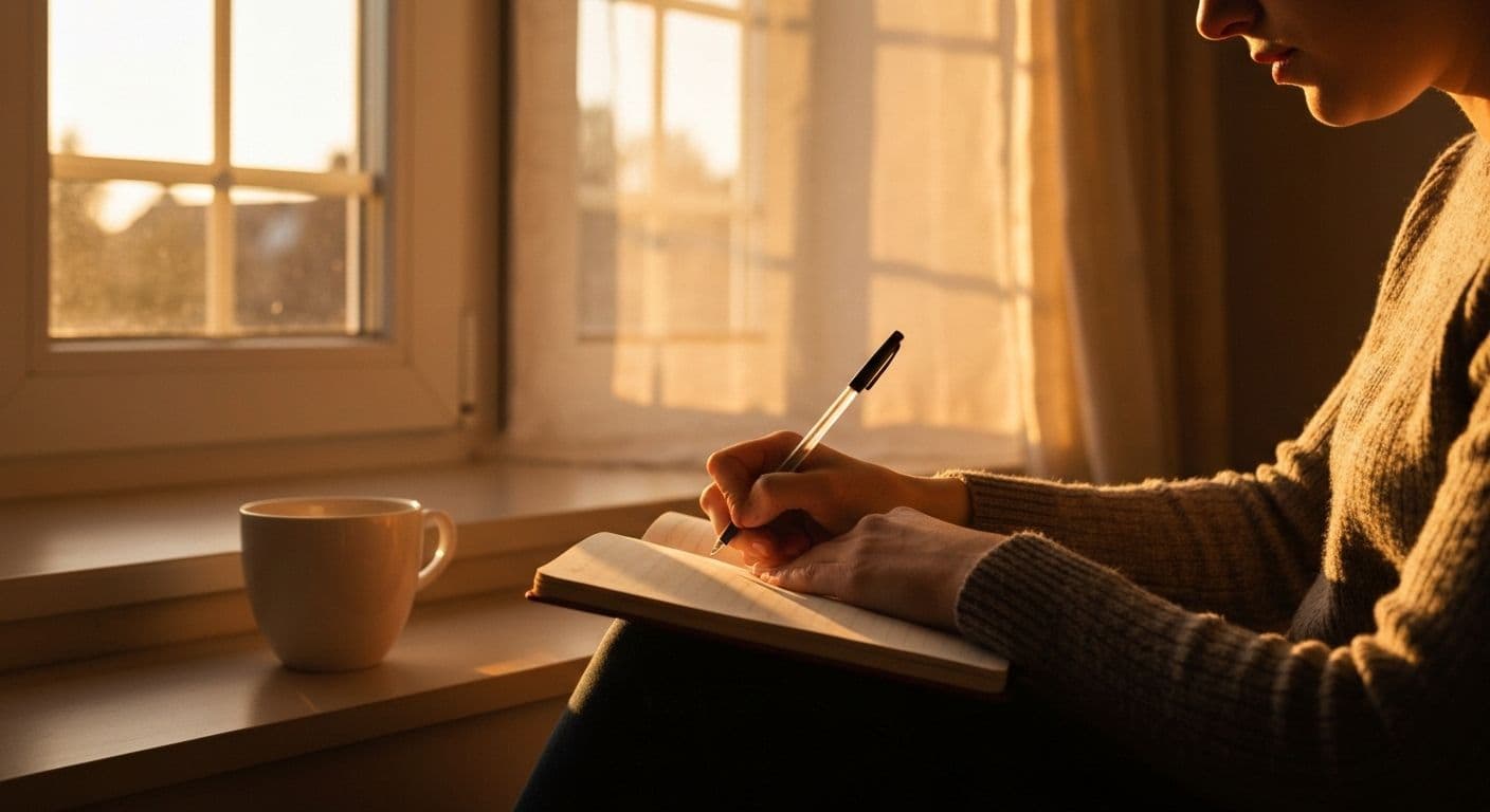 Person writing afternoon grief journal prompts during optimal cortisol window for emotional processing