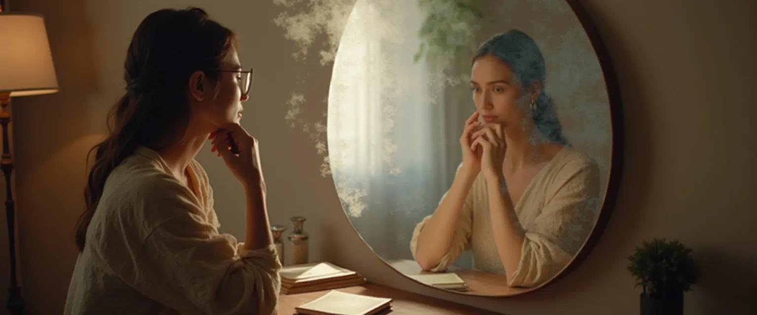 Person practicing mirror talk to improve self awareness communication skills