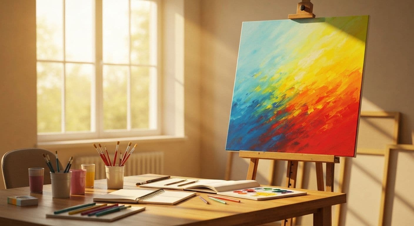 Person using creative outlets post breakup, expressing emotions through art and writing in a peaceful, healing environment