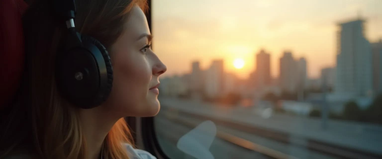 Person listening to music mindfully on headphones during commute with peaceful expression