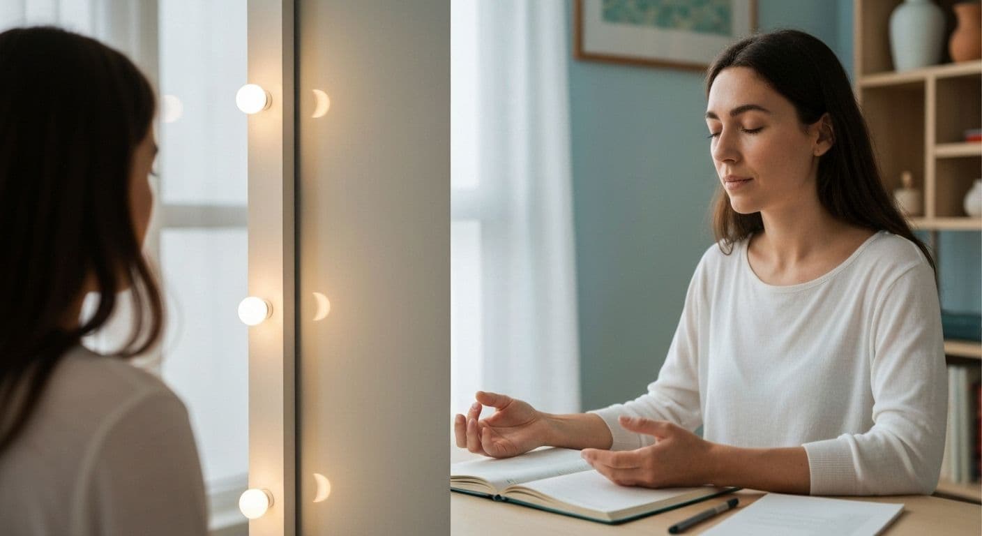 Person reflecting on self-awareness and self-care practices in a peaceful setting