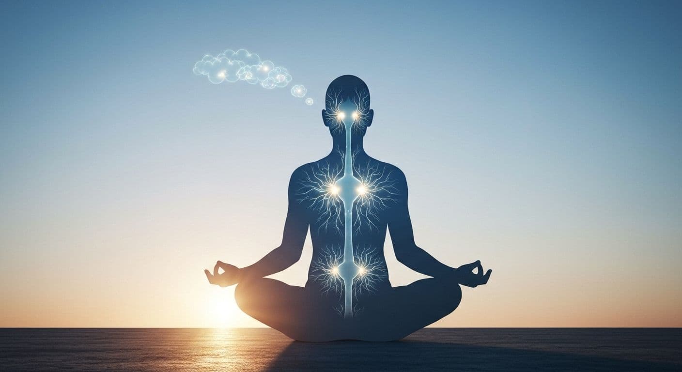 Person practicing cognitive self-awareness through mindful thought observation in a calm setting