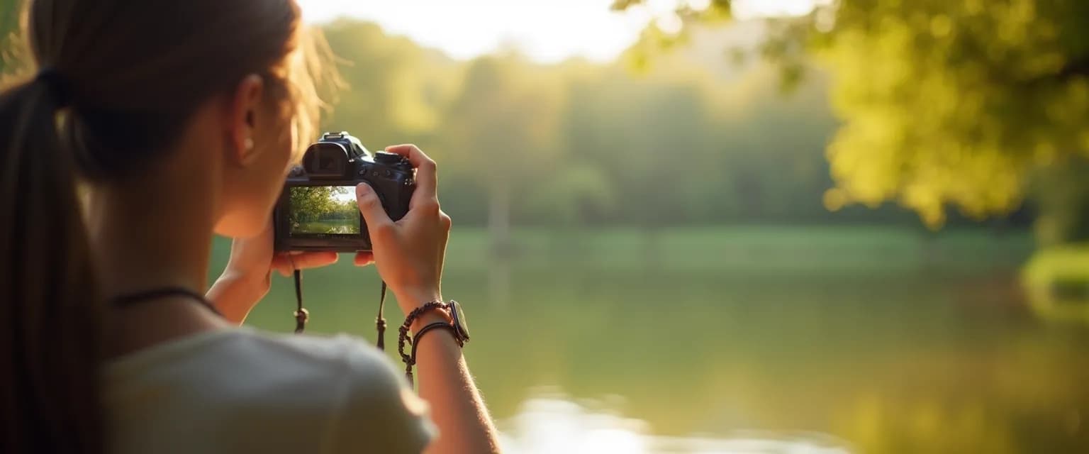 Person practicing mindful photography exercise outdoors to reduce anxiety