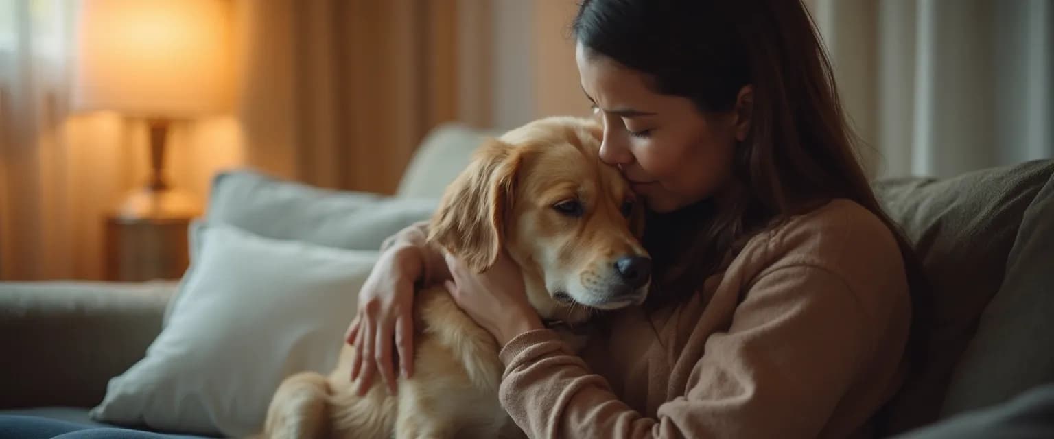 Woman moving on after a breakup by cuddling with supportive dog on couch