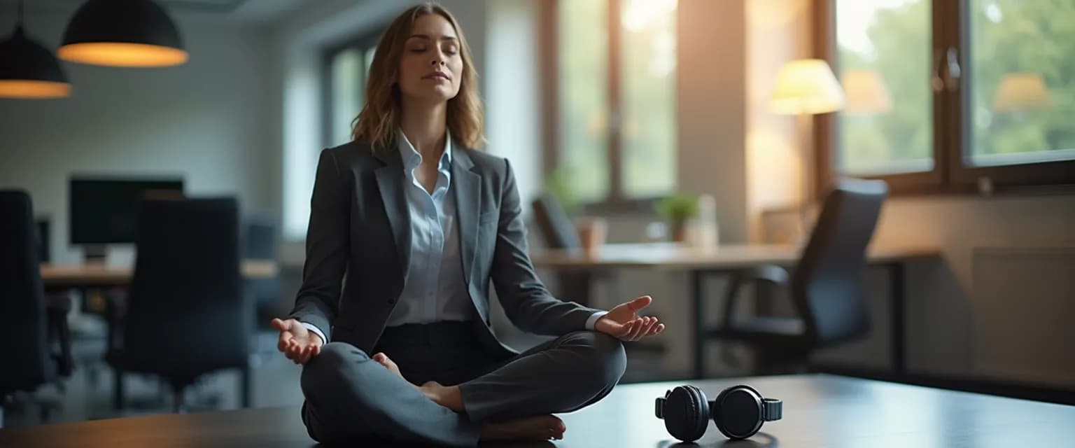 Professional practicing mindful listening meditation at desk during busy workday