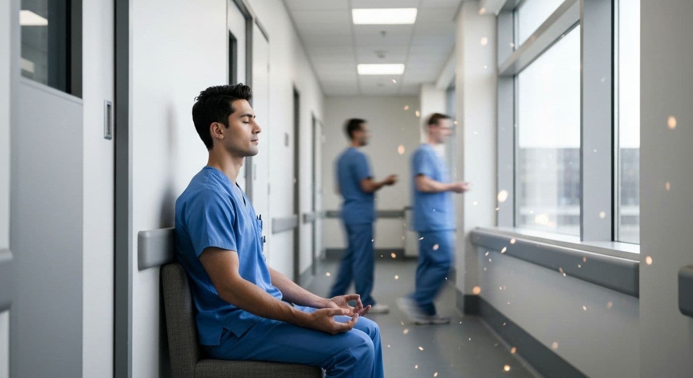 NHS healthcare worker practicing 90-second self awareness check-in between patient visits in hospital corridor