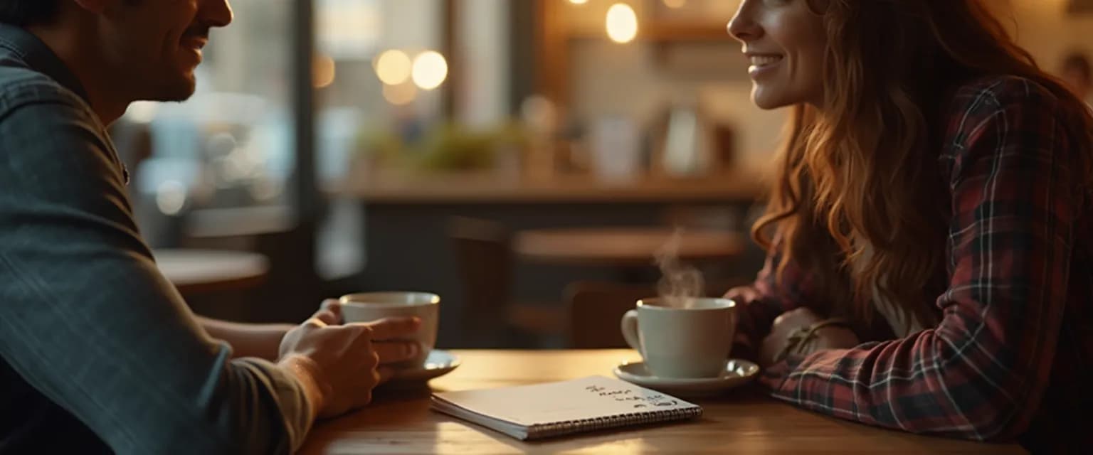 Couple engaging in mindful dating conversation with thoughtful questions on first date
