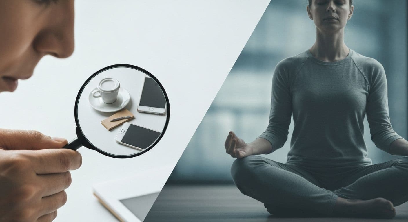 Person practicing raising self awareness through brief daily micro-observations during routine activities