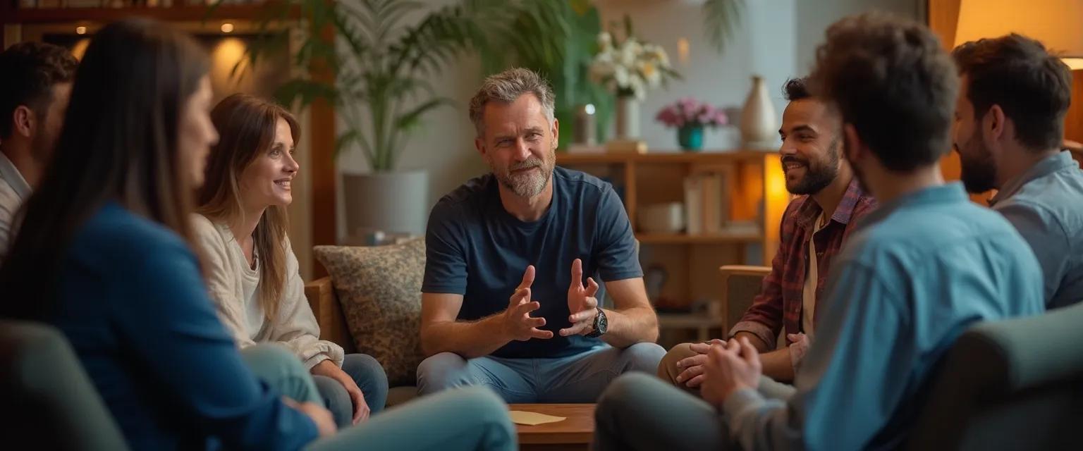 Men sitting in a circle during a breakup support group session