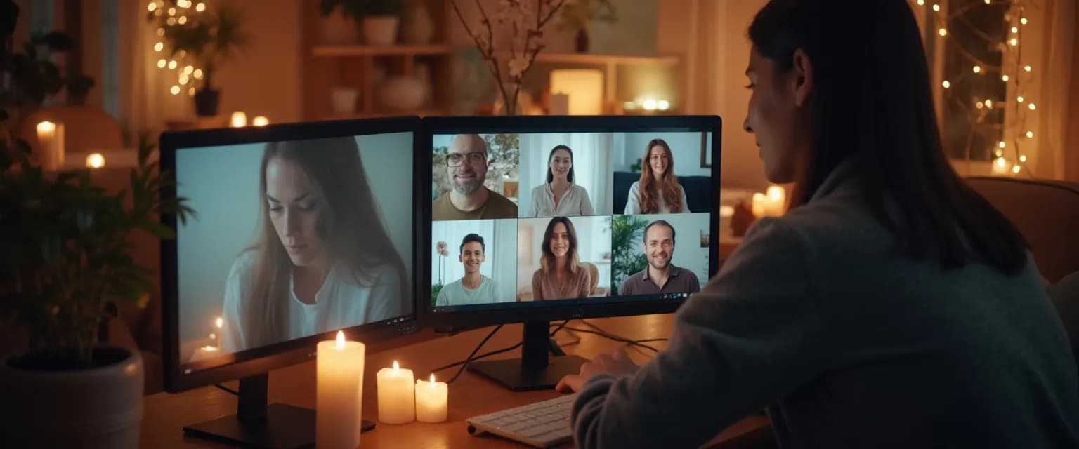 Person considering online grief groups on computer screen showing virtual support community