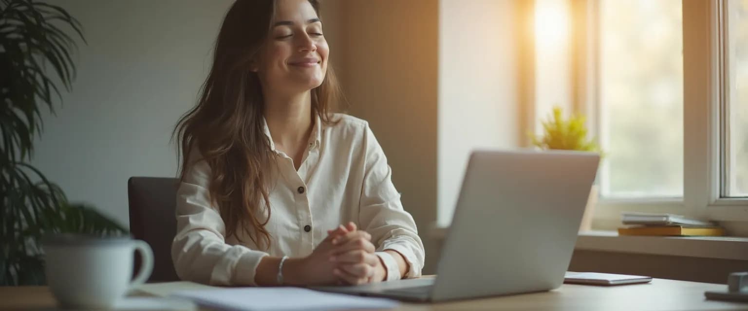 Working parent practicing 5-minute meditation to calm the mind at desk