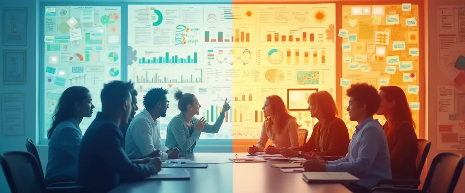 Professional team balancing intelligence and emotional intelligence during a collaborative discussion