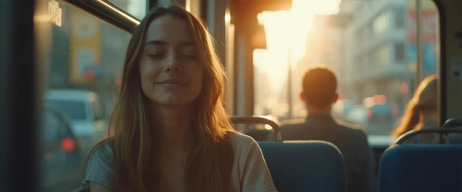 Person experiencing the miracle of mindfulness during morning commute with peaceful expression