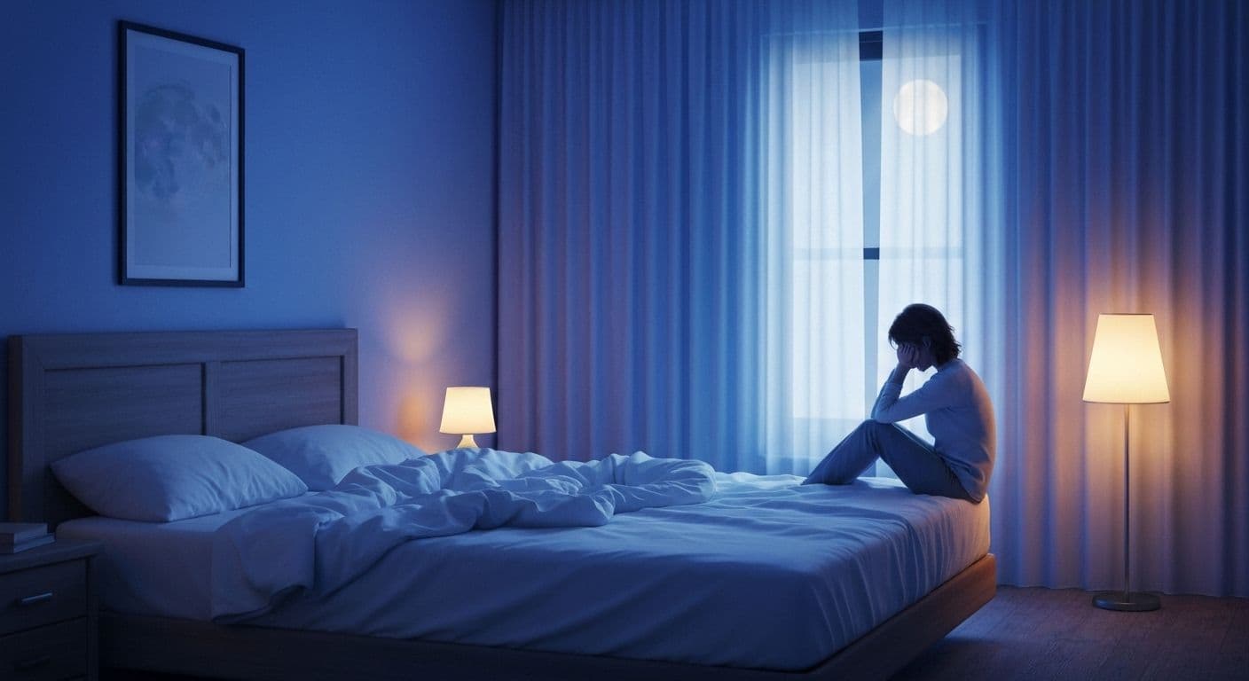 Person practicing sleep hygiene techniques after heartbreak, lying peacefully in darkened bedroom with calm expression