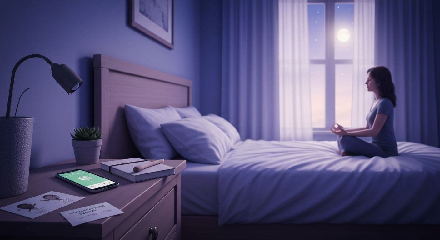 Person using sleep-friendly mindfulness tools while lying in bed at night