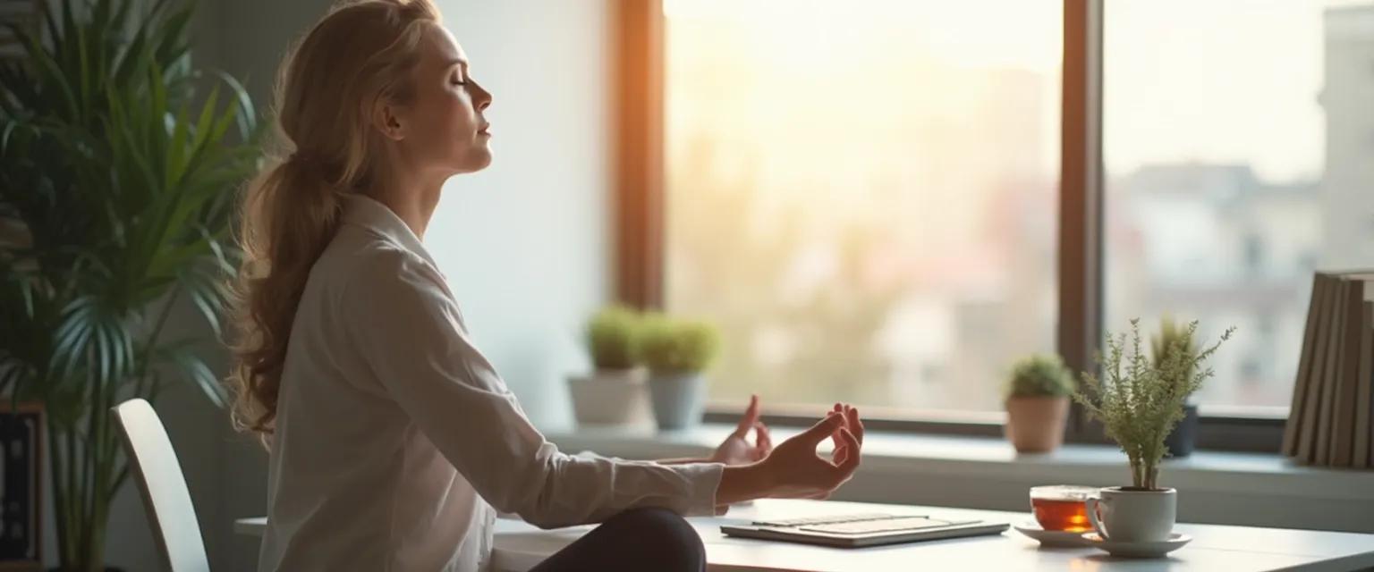 Person practicing 5-minute meditation for mental health at their desk during work break