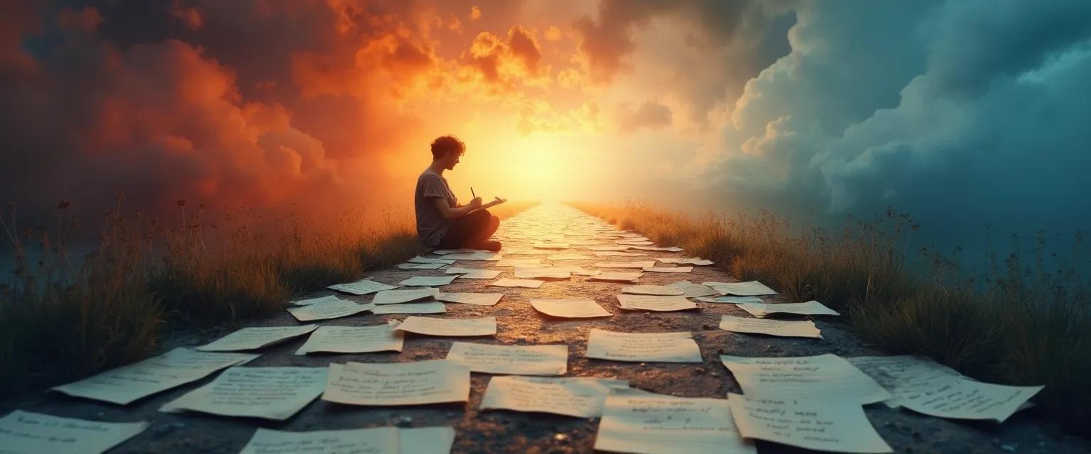 Person writing responses to grief prompts in journal, moving from anger to acceptance