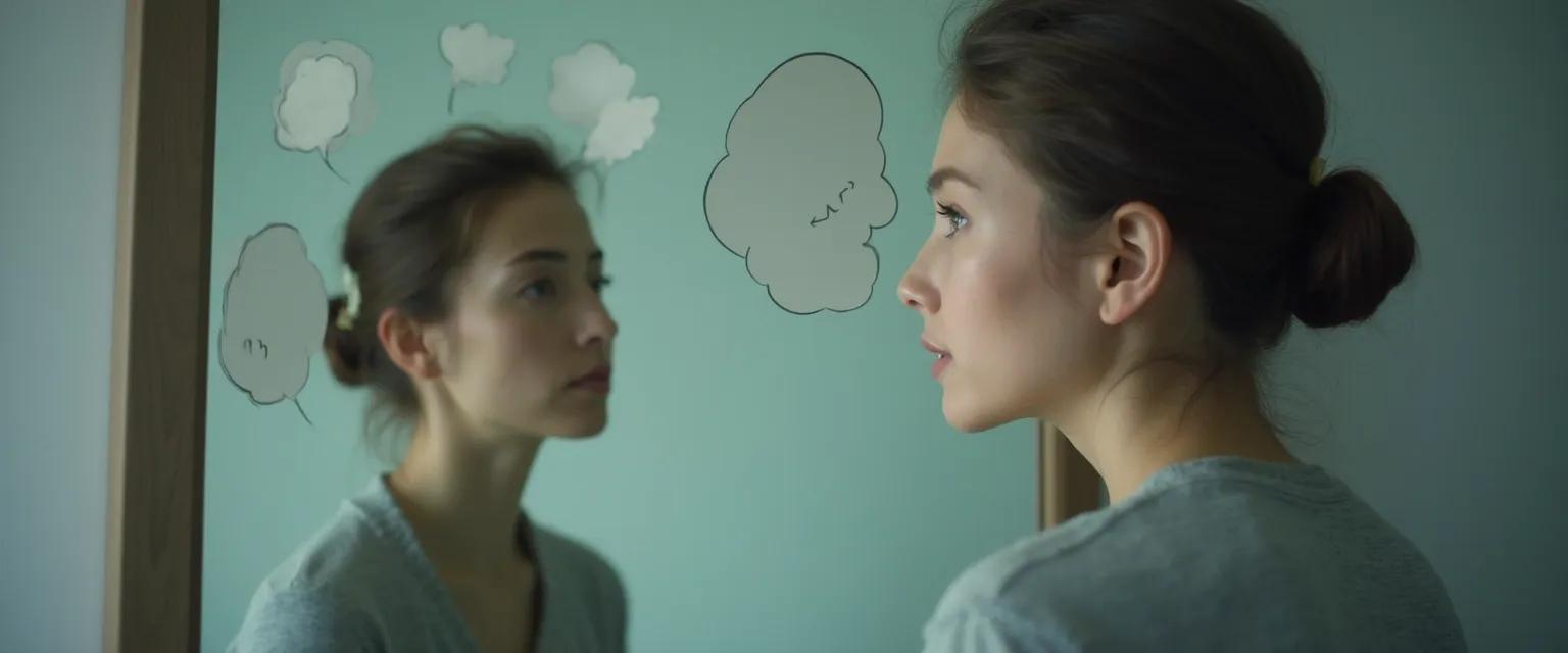 Person practicing healthy self-awareness through mindful reflection in a mirror