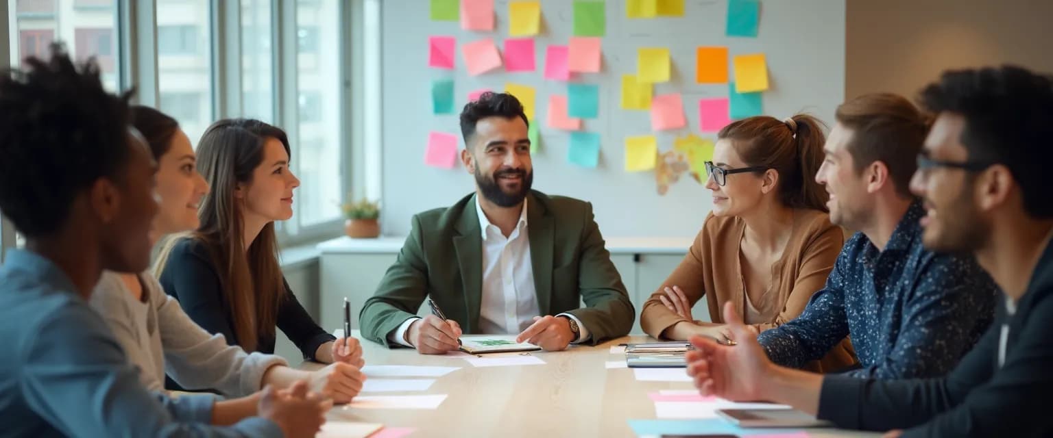 Managers facilitating emotional intelligence training exercises during a team meeting