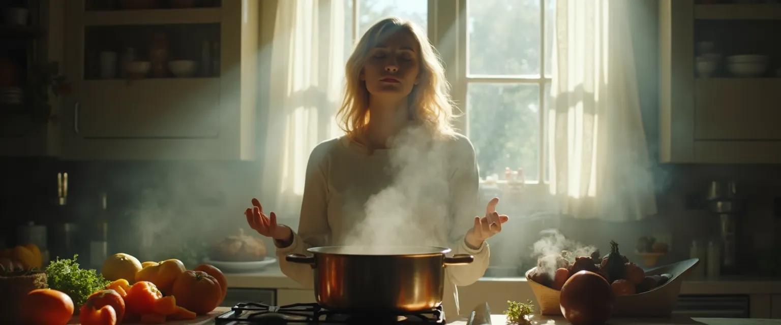 Person practicing mindful cooking techniques to calm their mind in a peaceful kitchen