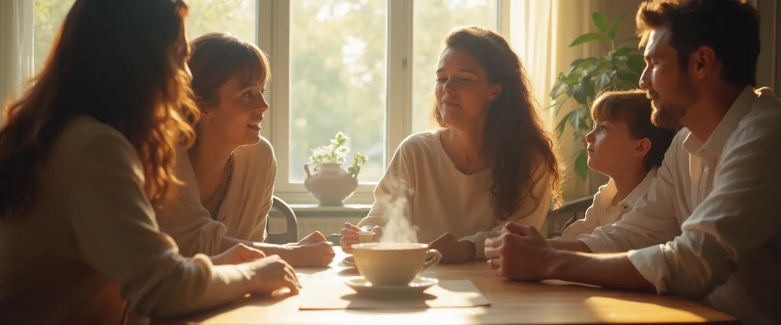 Family practicing the five keys to mindful communication during a calm discussion