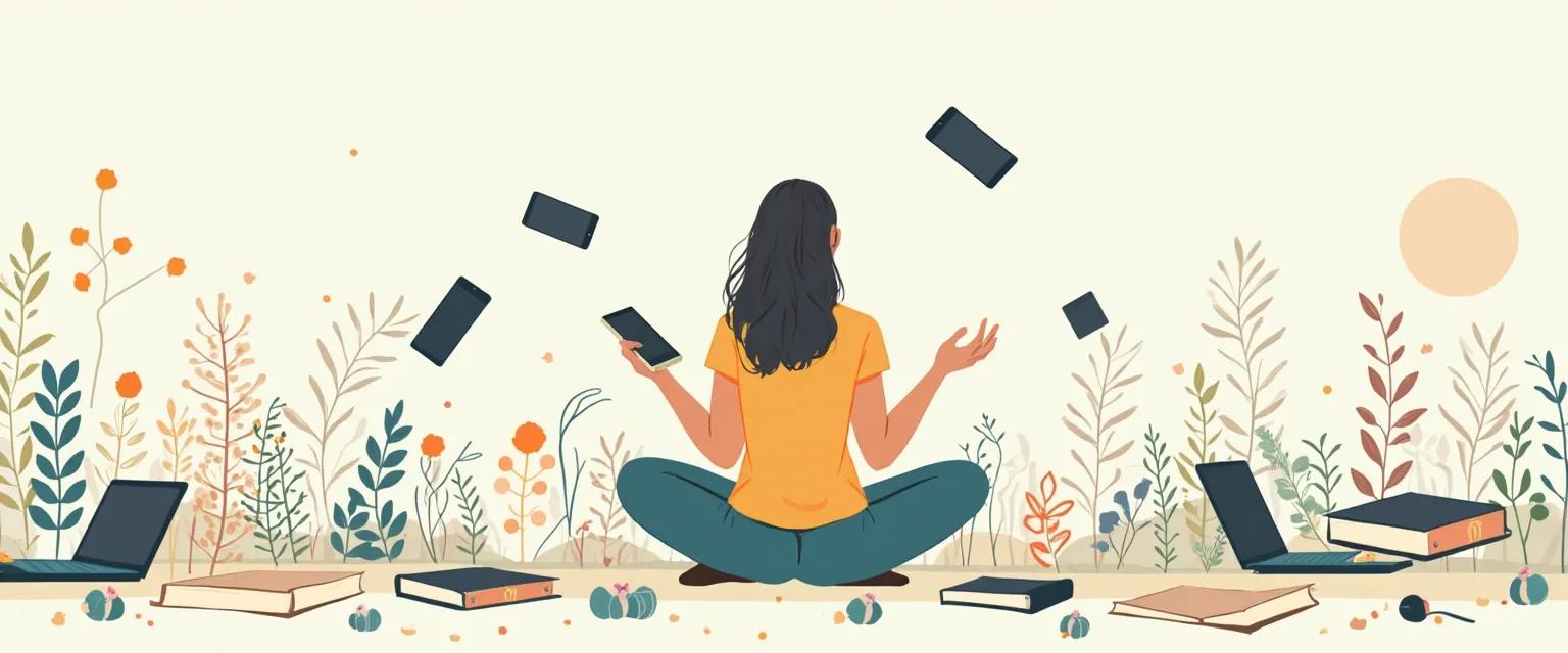 Person experiencing tech anxiety and digital stress, looking overwhelmed by multiple devices and notifications