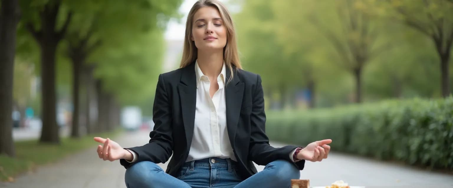 Professional practicing 20-minute mindfulness meditation during lunch break