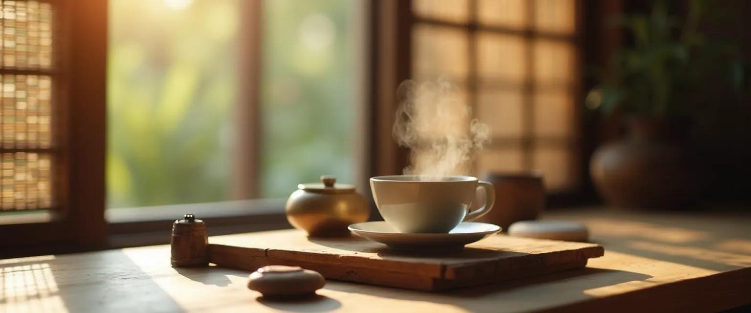 Person practicing Thich Nhat Hanh mindfulness tea meditation with steaming cup