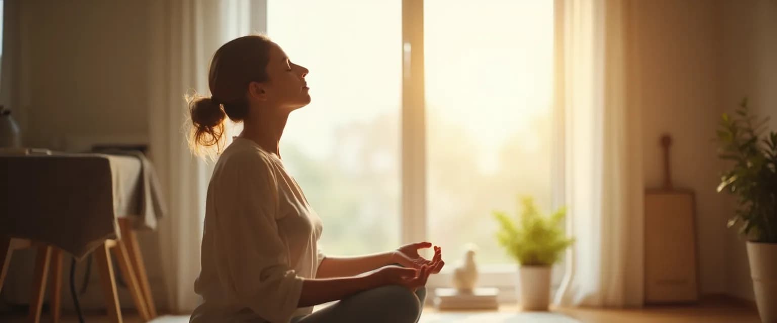 Parent practicing 20-minute mindfulness meditation while children play nearby