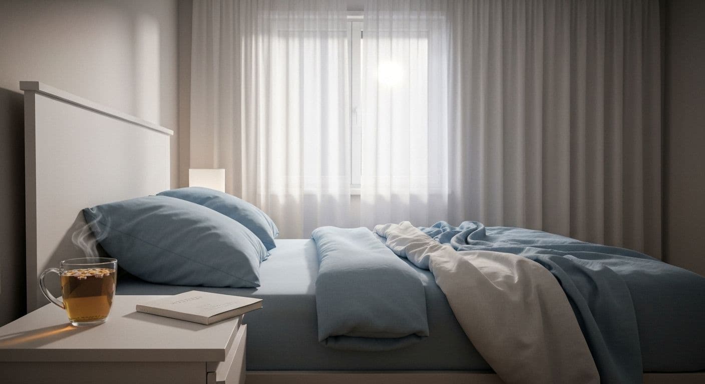 Person lying awake at night feeling hurt after a breakup with peaceful bedroom setting