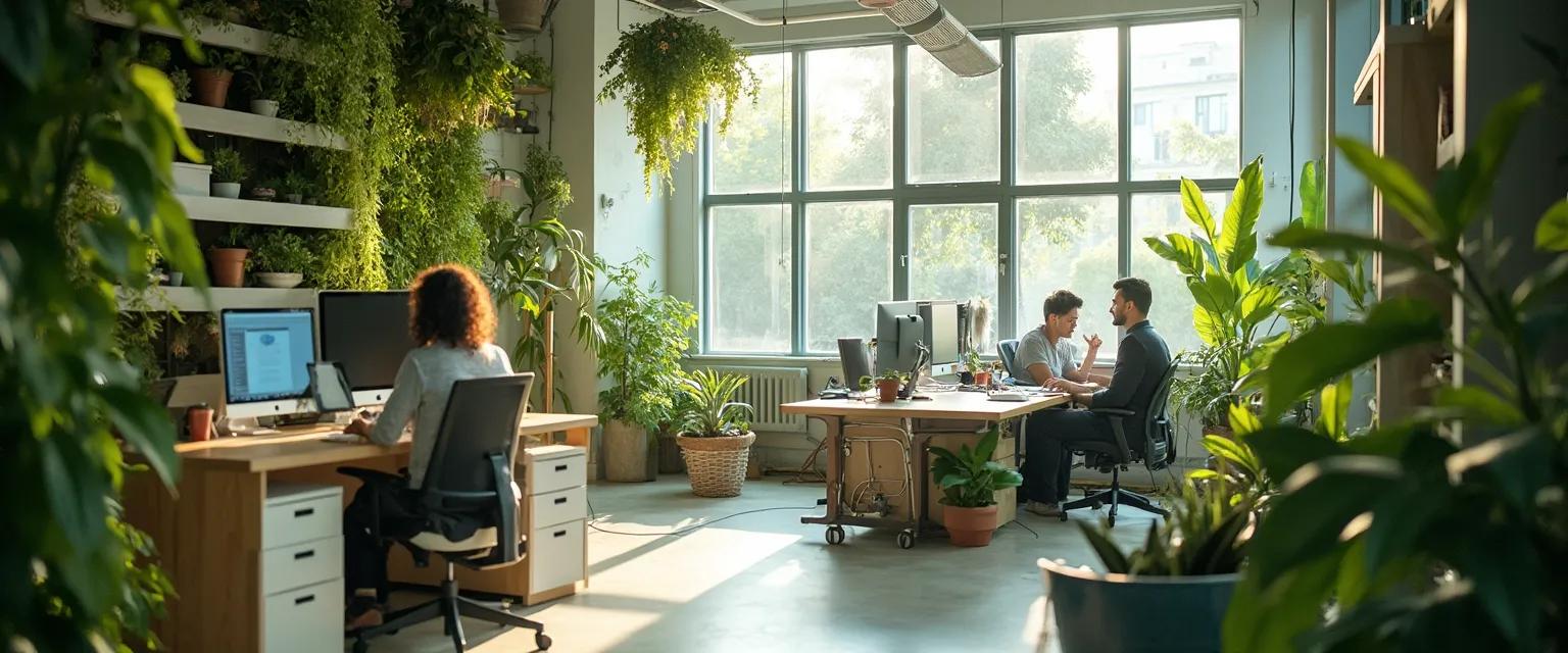 Office with plant-based design elements enhancing well-being in workplace environments