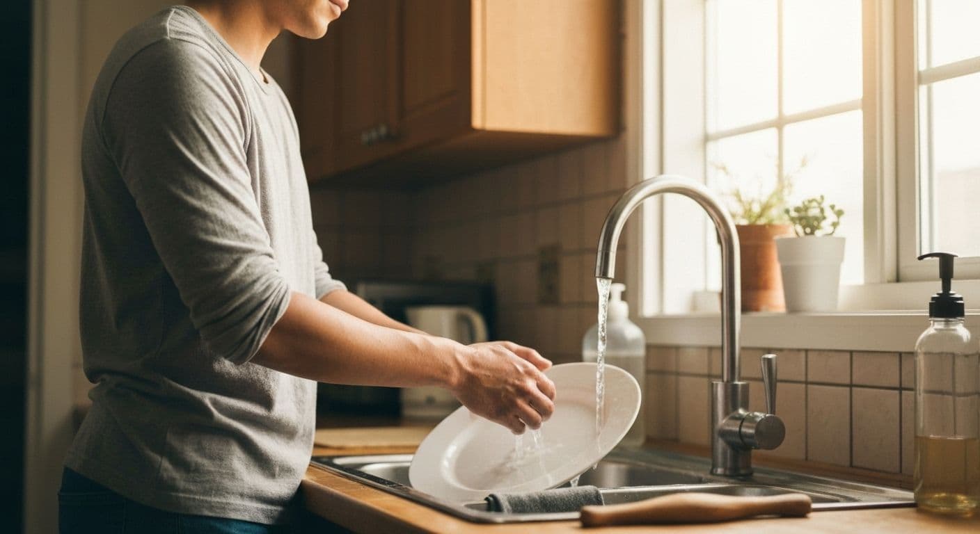 Person practicing mindfulness for beginners using Jon Kabat-Zinn's approach during everyday activities