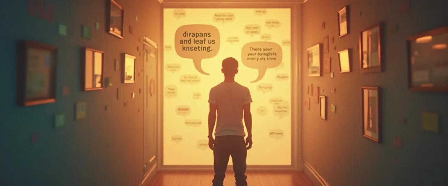 Person demonstrating self-awareness in English conversation with thought bubbles showing self-aware phrases