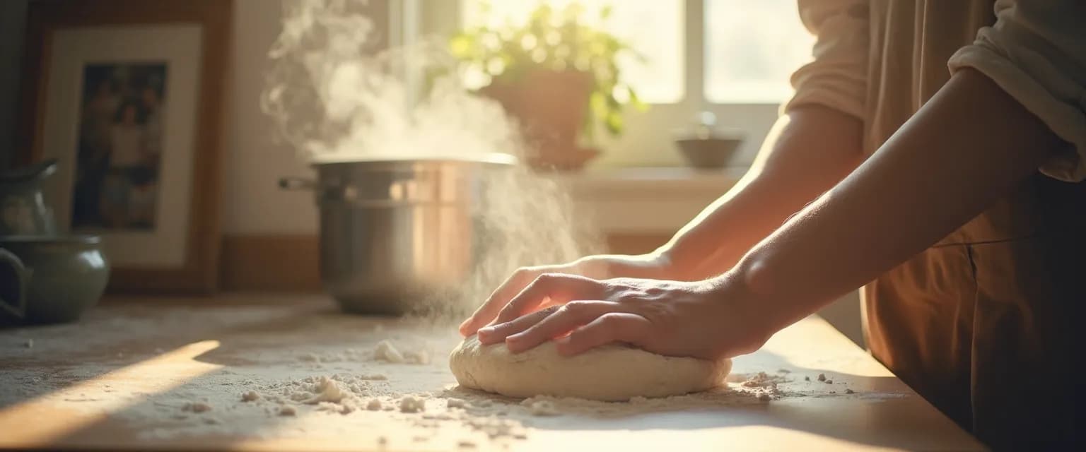 Person finding comfort and healing with grief through cooking in a sunlit kitchen