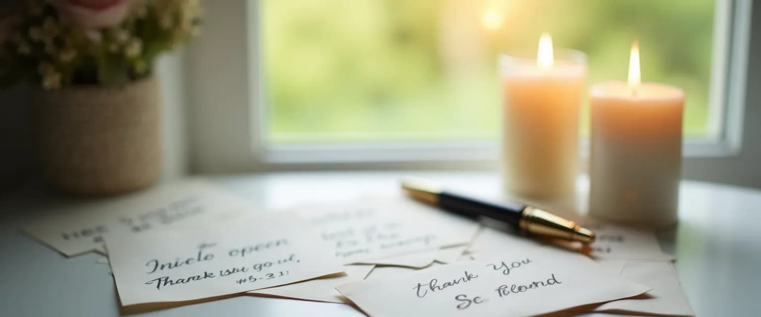 Person writing sympathy card messages thank you notes with self-care items nearby