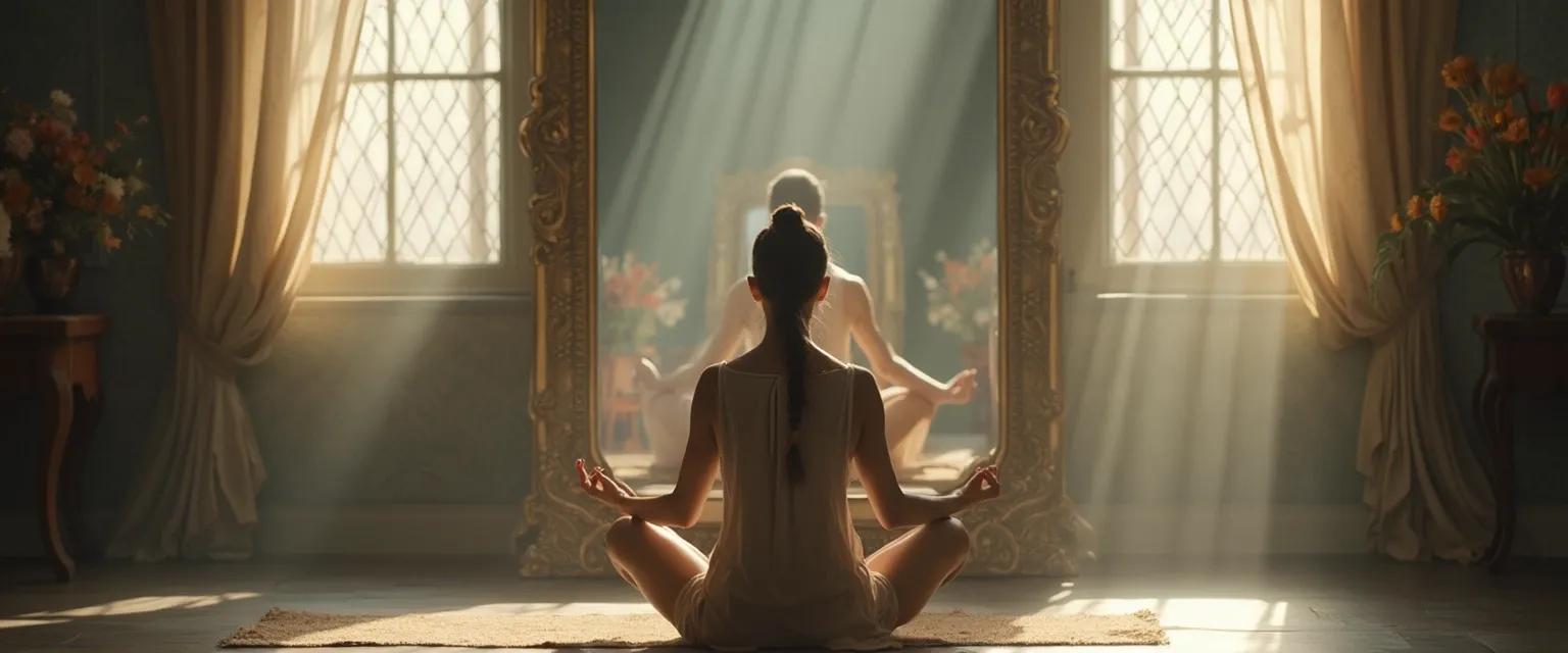 Person looking in mirror demonstrating how one way to increase self awareness is by applying reflection questions