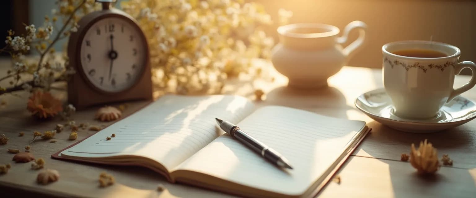 Person journaling grief in a notebook with a timer nearby, demonstrating timed grief journaling practice