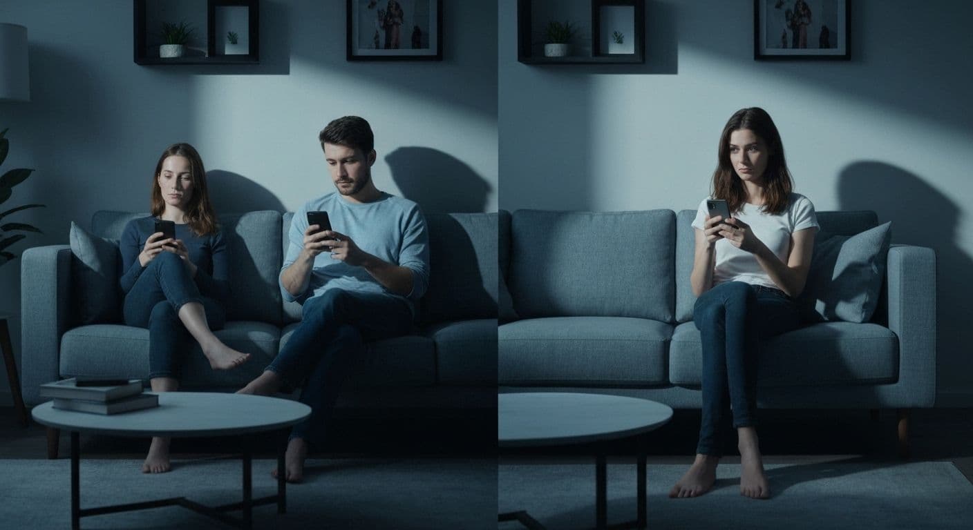 Person scrolling through celebrity breakups this week on smartphone while looking concerned about their own relationship