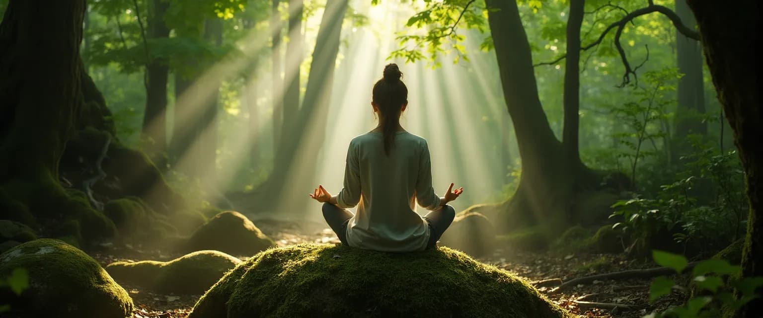 Person experiencing mindful moments in nature while pausing near trees and water