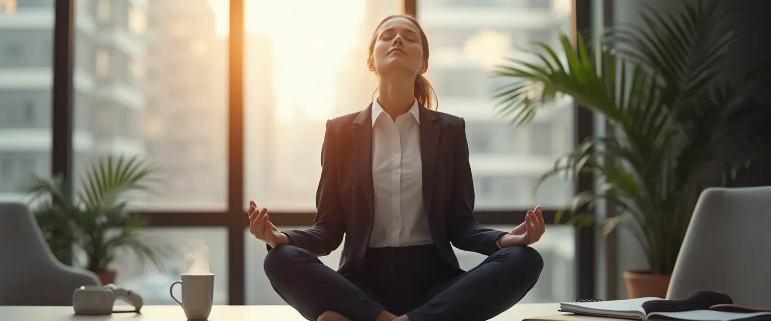 Professional practicing mindfulness with reflection during a brief work break