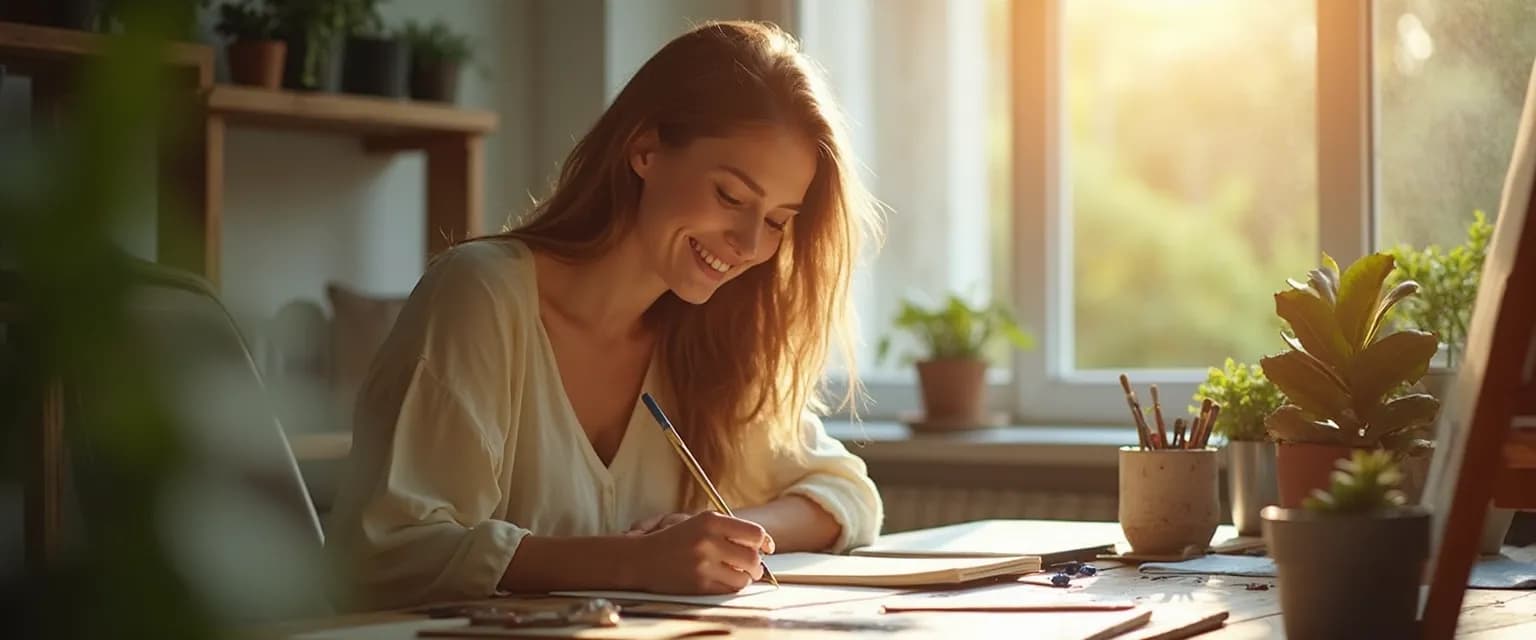 Woman enjoying her personal happiness project while at her desk at work