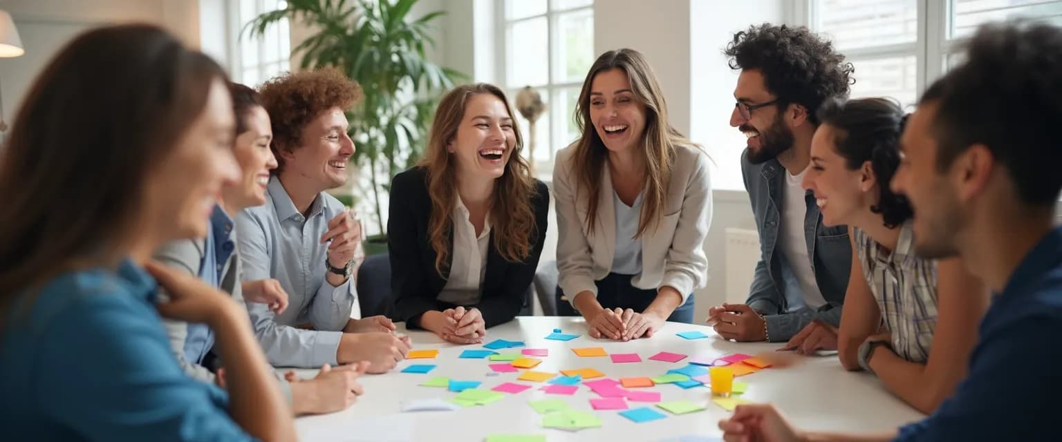 Team members playing workplace games to increase emotional quotient and build EQ skills